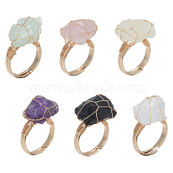 ANATTASOUL 6Pcs 6 Style Natural Mixed Gemstone Nugget Adjustable Rings Set, Golden Brass Wire Wrapped Jewelry for Women, US Size 6(16.5mm), 1Pc/style(RJEW-AN0001-04)