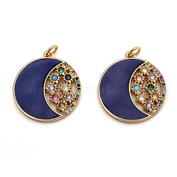 Brass Micro Pave Colorful Cubic Zirconia Pendants, Long-Lasting Plated, with Jump Rings & Enamel, Flat Round with Moon & Star, Real 18K Gold Plated, Blue, 24x22x2.5mm, Hole: 3.2mm(ZIRC-B0003-07G-B)