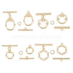AHADERMAKER 8Set 4 Style Brass Toggle Clasps, with Jump Rings, for DIY Jewelry Making, Real 18K Gold Plated, Hexagon: 16x12x1.5mm, Bar: 21x4.5x1.5mm, Hole: 1.2mm, 4 style, 2set/style, 8set(KK-GA0001-16)