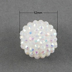 10PCS AB Color Round Resin Rhinestone Beads, White, 12x10mm, Hole: 2mm(X-RESI-S256-12mm-SAB1)
