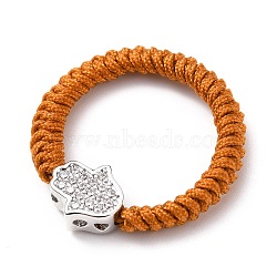 Nylon Thread Cord Braided Rings, with Brass Micro Pave Clear Cubic Zirconia Beads, Hamsa Hand/Hand of Fatima/Hand of Miriam, Platinum, Chocolate, US Size 8(18.1mm)(RJEW-JR00310-02)