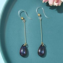 Electroplated 304 Stainless Steel Resin Dangle Earrings, Teardrop, Golden, Black, 58.5x8mm(EJEW-Z129-06G-02)