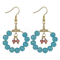 Imitation Jade Glass Beaded Ring Dangle Earrings, Golden Iron Wire Wrap Long Drop Earrings, Sky Blue, 53.5x30mm(EJEW-JE05568-01)