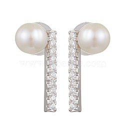 Natural Pearl Ear Studs, with Sterling Silver Micro Pave Cubic Zirconia Findings, Round, Platinum, 14.5x7.5mm(EJEW-P286-18P)