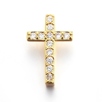 Brass Micro Pave Cubic Zirconia Slide Charms, Cross, Clear, Golden, 14.5x9.5x4.5mm, Hole: 1.5x10mm