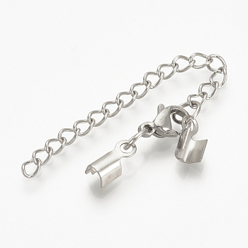 201 Stainless Steel Chain Extender, Soldered, with Cord Ends and Lobster Claw Claspss, Stainless Steel Color, 30mm long, Lobster: 10x7x3.5mm, Cord End: 8x2.5x2.5mm, 2mm Inner Diameter, Chain Extenders: 48~50mm
