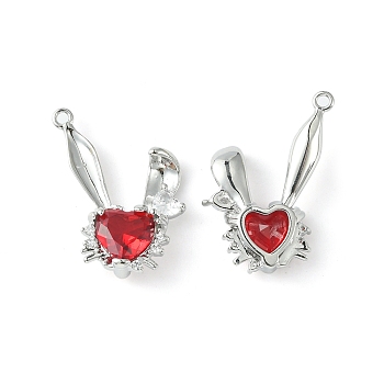 Brass Micro Pave Cubic Zirconia Pendants, Rabbit Head Charm, Real Platinum Plated, Red, 24x20.5x5mm, Hole: 1.5mm