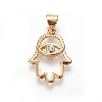 Brass Pendants, with Cubic Zirconia, Hamsa Hand with Eye, Clear, Golden, 20.5x15x2.8mm, Hole: 3.5x4.5mm