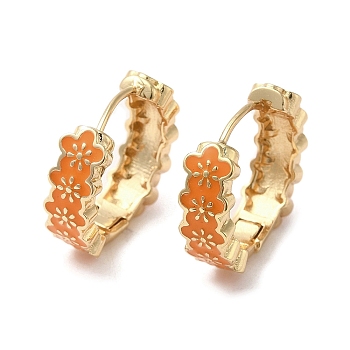 Flower Real 18K Gold Plated Brass Hoop Earrings, with Enamel, Orange, 19x6mm