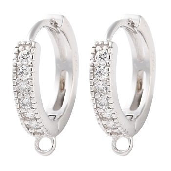 Anti-Tarnish Rhodium Plated 925 Sterling Silver Huggie Hoop Earring Findings, with Loop and Cubic Zirconia, Real Platinum Plated, 17.5x3mm, Hole: 1.6mm, Pin: 0.8mm