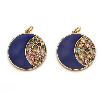 Brass Micro Pave Colorful Cubic Zirconia Pendants, Long-Lasting Plated, with Jump Rings & Enamel, Flat Round with Moon & Star, Real 18K Gold Plated, Blue, 24x22x2.5mm, Hole: 3.2mm