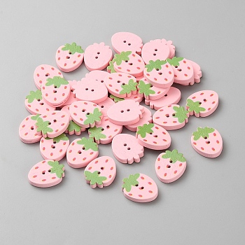 50Pcs 2-Hole Wood Buttons, Strawberry, Pink, 23x18x3.8mm, Hole: 1.8mm