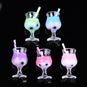 Plastic Goblet Pendants, Imitaion Bubble Tea/Boba Milk Tea Charms, with Epoxy Resin and Polymer Clay inside, Platinum Tone Iron Eye Pins, Two Tone, Mixed Color, 31~39x16mm, Hole: 1.8mm