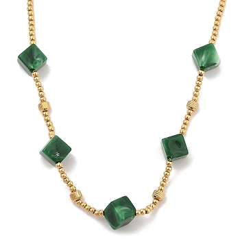 Golden Tone 304 Stainless Steel Boho Beaded Necklaces, Resin Cube Bib Necklaces for Women, Dark Green, 17.32 inch(44cm)