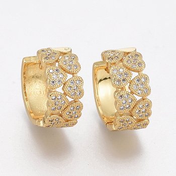 Brass Micro Pave Clear Cubic Zirconia Huggie Hoop Earrings, Long-Lasting Plated, Ring with Heart, Real 18K Gold Plated, 18x7.5mm, Pin: 1mm