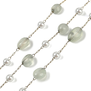 Ion Plating(IP) 304 Stainless Steel Paperclip Chains, with Natural Prehnite Beaded and ABS Plastic Pearl, Real 18K Gold Plated, 11x7x4x5mm, about 32.81 Feet(10m)/Roll