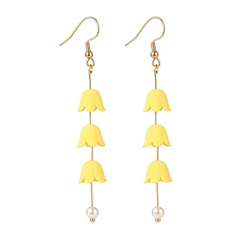 Acrylic Flower with Plastic Pearl Long Dangle Earrings, Gold Plated 304 Stainless Steel Jewelry for Women, Yellow, 80mm, Pin: 0.6mm
