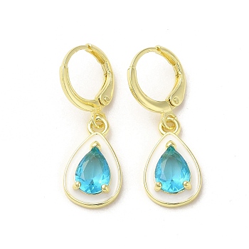 Teardrop Real 18K Gold Plated Brass Dangle Leverback Earrings, with Enamel and Glass, Deep Sky Blue, 29x10mm