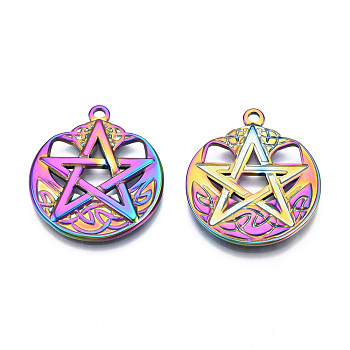 Ion Plating(IP) 201 Stainless Steel Pendants, Flat Round with Star, Rainbow Color, 29x25x2mm, Hole: 2mm