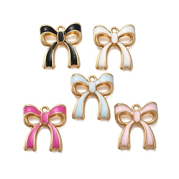 Rack Plating Alloy Enamel Pendants, Bowknot Charm, Golden, Mixed Color, 19.5x17.5x3mm, Hole: 1.5mm