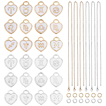 DIY 12 Constellations Pendant Necklaces Making Kits, with Heart Alloy Enamel Charms, 304 Stainless Steel Cable Chain Necklaces & Jump Rings, Platinum & Golden, Chain Necklaces: 17.7 inch(45cm), 1.5mm, 2 colors, 6pcs/color, 12pcs/box