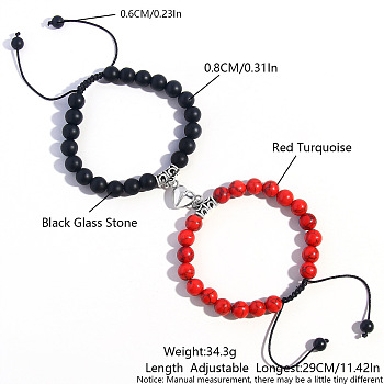 2 Pcs Synthetic Black Stone & Red Turquoise Couple Bracelets with Heart Magnetic Attraction, Adjustable Bracelets for Men and Women, 11-3/8 inch(29cm)