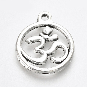 Tibetan Style Alloy Pendants, Flat Round with Om Symbol, Lead Free & Cadmium Free, Antique Silver, 21x18x2mm, Hole: 1.5mm, about 292pcs/500g