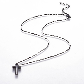304 Stainless Steel Pendant Necklaces, with Lobster Claw Clasps and Cable Chains, Cross, Gunmetal, 18.1 inch(46cm), 0.15cm
