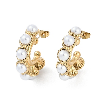 Ion Plating(IP) 304 Stainless Steel C-Shaped Stud Earrings, with Plastic Imitation Pearl, Real 18K Gold Plated, 32x8mm