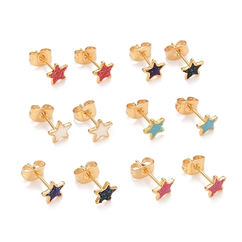 304 Stainless Steel Enamel Stud Earrings, with 316 Surgical Stainless Steel Pin & Glitter Powder, Golden, Star, Mixed Color, 6x6x1mm, Pin: 0.8mm
