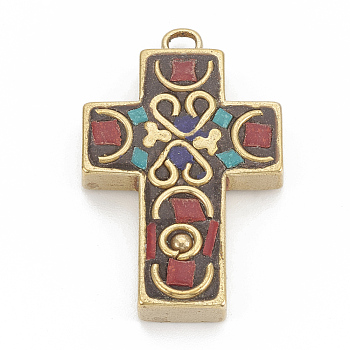 Handmade Indonesia Pendants, with Raw(Unplated) Brass Findings, Cross, Red, 36x22.5x7.5mm, Hole: 3mm