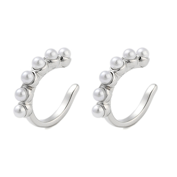 Brass Cuff Earrings for Women, with Plastic Imitation Pearl Beads, Long-Lasting Plated, Cadmium Free & Lead Free, Platinum, 18x18.5x3.5mm