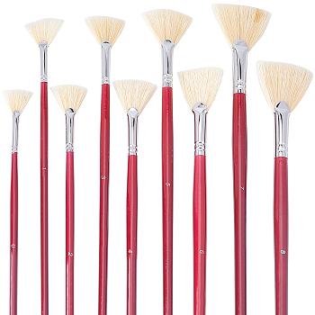 9Pcs Sector Painting Brush, Bristle Hair Brushes with Wooden Handle, for Watercolor Painting Artist Professional Painting, Dark Red, 28.8~31.6x0.6~1.2cm, 9pcs