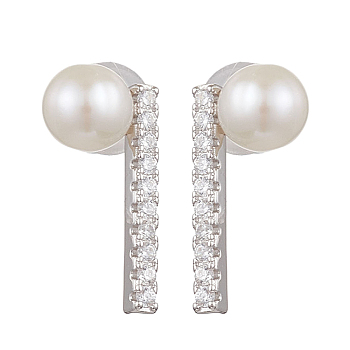 Natural Pearl Ear Studs, with Sterling Silver Micro Pave Cubic Zirconia Findings, Round, Platinum, 14.5x7.5mm