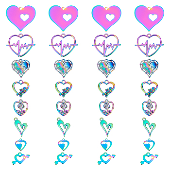 32Pcs 8 Style  Valentine's Day Ion Plating(IP) 201 Stainless Steel & Alloy Pendants, Etched Metal Embellishments, Heart, Rainbow Color, 27x29x0.3mm, Hole: 2mm, 4pcs/style
