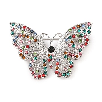 Butterfly Zinc Alloy Rhinestone Brooches for Backpack Clothes, Platinum, 37x50~53mm