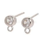 925 Sterling Silver Micro Pave Clear Cubic Zirconia Flat Round Stud Earrings Findings, with Loop, Platinum, 8x5.5mm, Hole: 1.5mm, Pin: 0.8mm(STER-B010-02A-P)