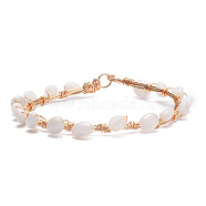 Natural White Moonstone Braided Beaded Bracelet, Copper Wire Wrap Gemstone Jewelry for Women, Light Gold, 8-1/8 inch(20.6cm)(BJEW-JB07997-01)