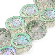 Half Rainbow Plated Electroplate Glass Transparent Beads Strands, Flower, Dark Sea Green, 14x14.5x5.5mm, Hole: 1.2mm, about 45pcs/strand, 25.83 inch(65.6cm)(EGLA-G037-10A-HR01)