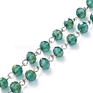 Handmade Electroplate Glass Beaded Chains, with Platinum Plated Iron Eye Pin, Unwelded, Green, 39.37 inch(100cm), Beads: 8x6mm(AJEW-JB00529-05)