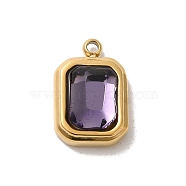 304 Stainless Steel Glass Pendants, Rectangle Charms, Real 14K Gold Plated, Medium Purple, 13.5x9x5mm, Hole: 1.4mm(STAS-L022-062G-03)