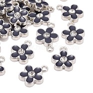 Alloy Enamel Charms, Cadmium Free & Lead Free, with Rhinestone, Platinum, Flower, Indigo, about 12mm wide, 15mm long, 2mm thick, hole: 2mm(E1197-2)