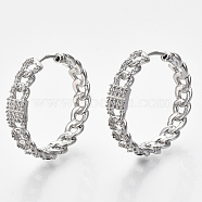 Brass Micro Pave Clear Cubic Zirconia Huggie Hoop Earrings, Nickel Free, Curb Chain Shape, Real Platinum Plated, 30x6mm, Pin: 1x1mm(EJEW-S201-207P-NF)