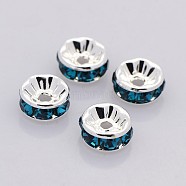 Brass Rhinestone Spacer Beads, Grade A, Straight Flange, Silver Color Plated, Rondelle, Blue Zircon, 6x3mm, Hole: 1mm(RB-A014-Z6mm-06S)
