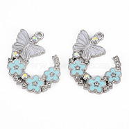 Alloy Rhinestone Pendants, with Enamel, Platinum, Butterfly with Flower, Sky Blue, 22x29x2mm, Hole: 1.8mm(PALLOY-N153-06A-RS)
