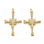Brass Micro Pave Cubic Zirconia Pendants, with Jump Rings, Nickel Free, Cross with Alphabet, Real 16K Gold Plated, 29.5x19x3.5mm, Jump Ring: 5x1mm, 3mm inner diameter(KK-Q252-056-NF)