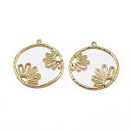 Brass Pendants, Flat Round with Flower, Real 18K Gold Plated, 27.5x25x1mm, Hole: 1mm(X-KK-T032-053G)