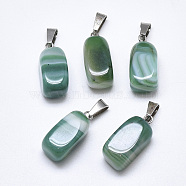 Natural Banded Agate/Striped Agate Pendants, Dyed, with Stainless Steel Snap On Bails, Cuboid, Stainless Steel Color, Green, 20~23x9~13x9~13mm, Hole: 3~4x7~8.5mm(G-T122-20D)