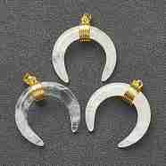 Natural Quartz Crystal Pendants, Rock Crystal Pendants, with Golden Brass Findings, Double Horn/Crescent Moon, 31~33x30x10mm, Hole: 6x4mm(G-A017-16G)