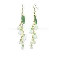 Glass Flower Dangle Earrings, Brass Chains Tassel Earrings, Green, 90~91mm(EJEW-JE05378)